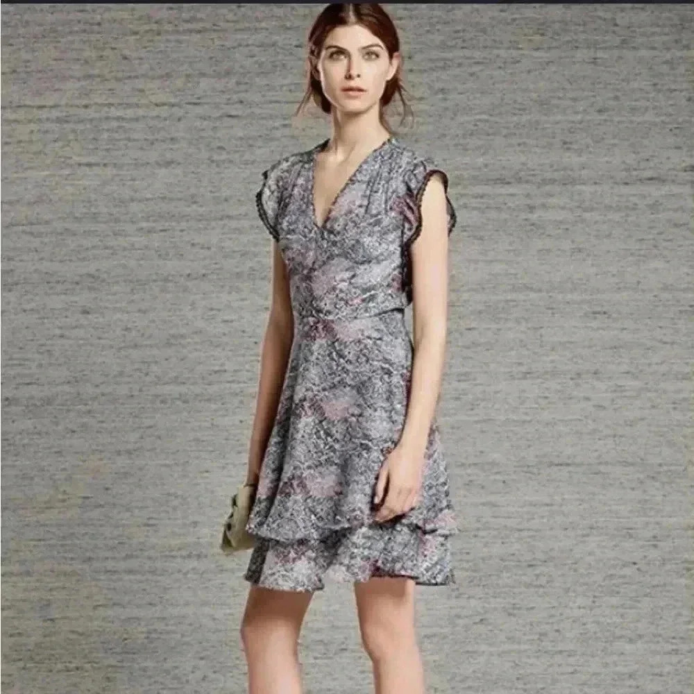 REISS printed tiered flutter sleeve v neck fit and flare mini sun dress XS